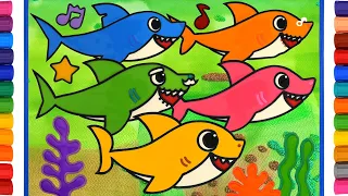 Coloring Pinkfong Shark family with Jelly water for Kids, Toddlers | Baby shark Stickers