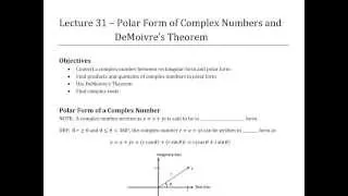 Polar Form of Complex Numbers and  DeMoivre’s Theorem (Trigonometry Lecture 31)