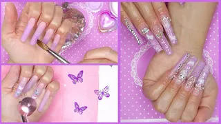 Purple Ombré Butterfly Bling Airbrush Coffin Nails I Acrylic Nails Tutorial