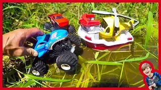 MONSTER TRUCKS RESCUED BY GREEN TOYS HELICOPTER BOAT