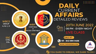Daily Important Current Affairs Live Class of 20th June for #wbcs #wbp #kpsi #cgl #chsl #bank #rail