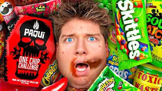 Escaping 100 Layers of Candy: Spicy vs Sour vs Chocolate!!! Eating EVERY Extreme Candy in 24 Hours
