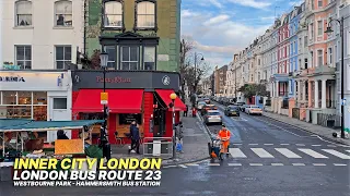 Exploring inner city London at dusk aboard London Bus 23 from Maida Hill to Hammersmith Bus Station