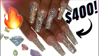 Watch Me Work: $400 Sculpted Swarovski Bling Nails w/ Reflective Gel Polish Flame Nail Art Design