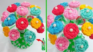 Flower Bouquet made with waste plastic bottle and wool | DIY Room Decoration idea