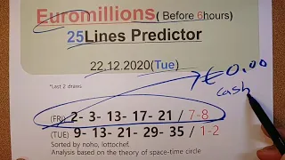 Euromillions 22 decembre 2020 predicteur. Euromillion 22.12.2020. Before 6hours. 25 lines predictor.