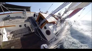 Sailing Neverland, a Westsail 32, along the shipwreck coast of Lake Superior in 20-30 kt wind.