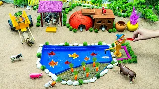 DIY making Farm Model - goldfish Pond, Cow Shed, Mini Hand Pumb Supply Water Pool for Carrot Garden