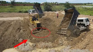 Amazing Bulldozer D20P Demonstrating Skill Into Water With Several Dump Trucks While Moving Big Soil
