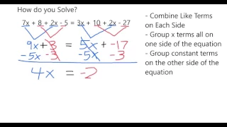 Simplify and Solve an Algebra Equation: 7x + 8 + 2x - 5 = 3x + 10 + 2x - 27