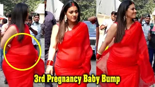 Kajol Devgan Flaunting 3rd Pregnancy Baby Bump in Red Revealing Saree