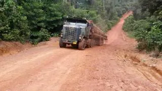 Wrongly loaded Oshkosh logtruck can`t climb a steep mountain
