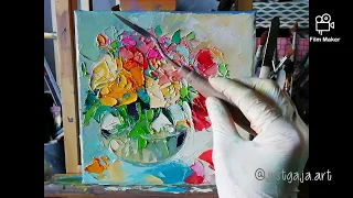 Flower painting tutorial/ Palette knife oil painting demonstration by Justyna Gaja/ Late roses/