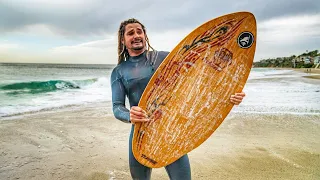 Skimboarding Wooden Skimboard in EPIC WAVES !!