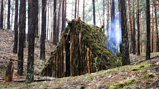 Medieval  bushcraft house for survival in the rainy forest