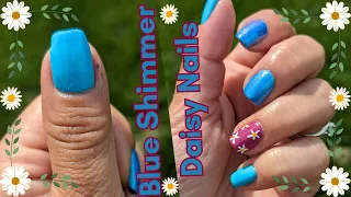 Polish Along! Blue Shimmer Daisy Nails | Bright Blue and Magenta Daisy Nails | RainbowRackNails