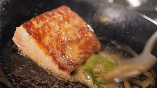 Buttering Salmon Steak Stock Video