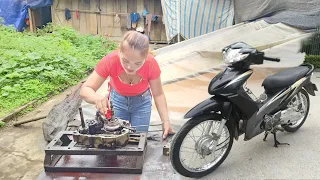 Genius girl. Repair and replace broken Honda wave s110cc motorbike engine