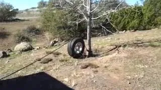 Flying tire lands in tree!