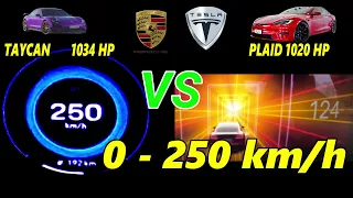 2024 Porsche Taycan Turbo GT 1034 HP vs Tesla Model S Plaid 1020 HP DragRace0-250 km/h #facebookads