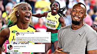 Shelly ann fraser pryce & Usain bolt  reacts to shericka Jackson wining women's 200m finals