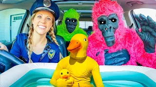 Police Surprises Funny Gorillas and Rubber Ducky with Car Ride Chase!