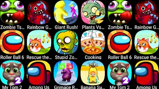 Rainbow Garten Survivor,Grimace Runner,Zombie Tsunami,My Talking Tom,Among Us,Banana Survival Master