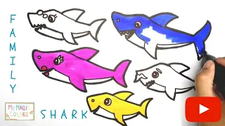 Drawing and Coloring Baby Shark Family Easy for Kids, Toddlers | Let's Draw