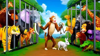 Funny Animals Zoo Escape Adventure: Monkey Elephant Hippo Tiger Lion Bison Cow Giraffe Cartoons