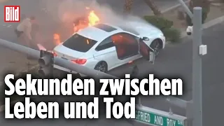 BMW explodiert nach Unfall: Polizei-Rettung in letzter Sekunde
