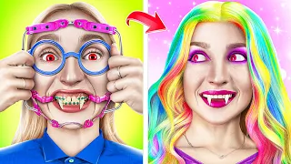 One Colored Makeover Challenge! Rainbow Vs Vampire! From Nerd to Beauty