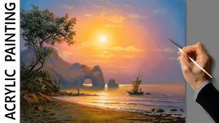 Acrylic Landscape Painting - Sea Sunset / Relaxing Art / Морской пейзаж. Уроки рисования. Живопись.