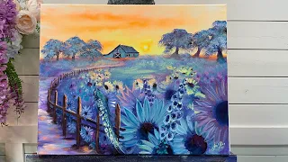 How To Paint A WHIMSICAL FARM 🩵💙💜step by step acrylic painting tutorial