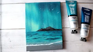 Northern lights aurora seascape painting / Easy acrylic painting tutorial for beginners