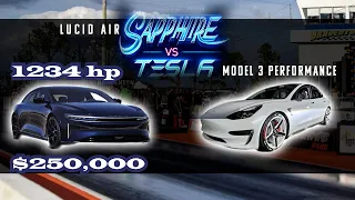 1200+hp Lucid Sapphire Drag Race against Tesla 1/4 mile strip