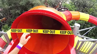 he got stuck in a BANNED water slide..