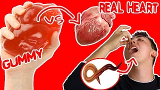 GUMMY FOOD vs. REAL FOOD  CHALLENGE (EATING RAW HEART AND LIVE WORMS) MUST WATCH