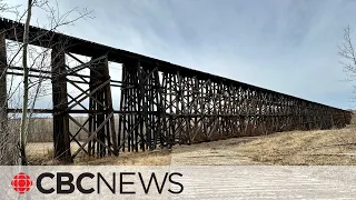 Check out this massive wooden trestle in a tiny Alberta hamlet