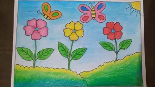 kids scenery/flower garden drawing for kids/butterfly scenery drawing/ easy scenery drawing for kids