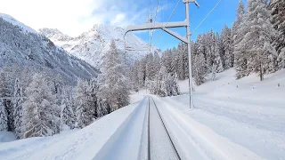 ★ 4K Zauberhafte Führerstandsmitfahrt Samedan - Albulabahn - Chur; nach über 110cm Schnee [12.2020]