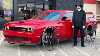 Hellcat on Horse & Buggy Wheels goes to town and does burnouts