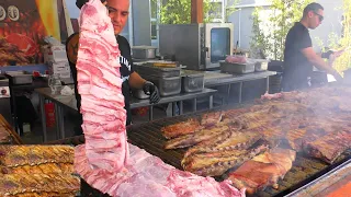 Italy Street Food. Huge Ribs on Grill, Sausages, Stuffed Sandwiches and more Food