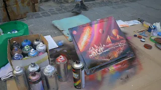 Street artist Spray Painting in Lviv Old town | Ukraine