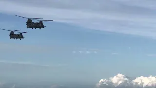 Low pass by two Boeing CH-47 Chinook flying in Hatteras NC