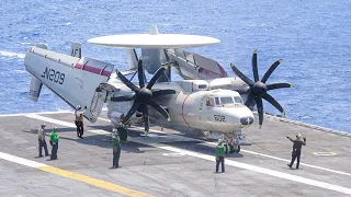 US E-2 Unfolds Its Massive Wings Before Being Catapulted in Middle of the Ocean