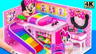 DIY Miniature House ❤️ Build Pink Minnie Bedroom with Rainbow Slide, Cute Makeup use Polymer Clay