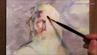 watercolor portrait painting of a old man on white hair | 인물화, 수채화