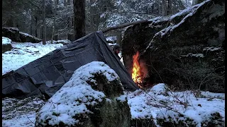 SOLO Winter Camping in Snow - Deep Woods, Cheap Tarp/Big Rock Shelter, Swedish Torch Cooking