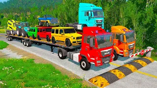 Double Flatbed Trailer Truck vs Speedbumps | Train vs Cars | Tractor vs Train | BeamNG.Drive #32