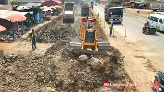 Best Power Bulldozer Operator Techniques & 25TON Trucks Dumping Stones Building Foundation Side Road